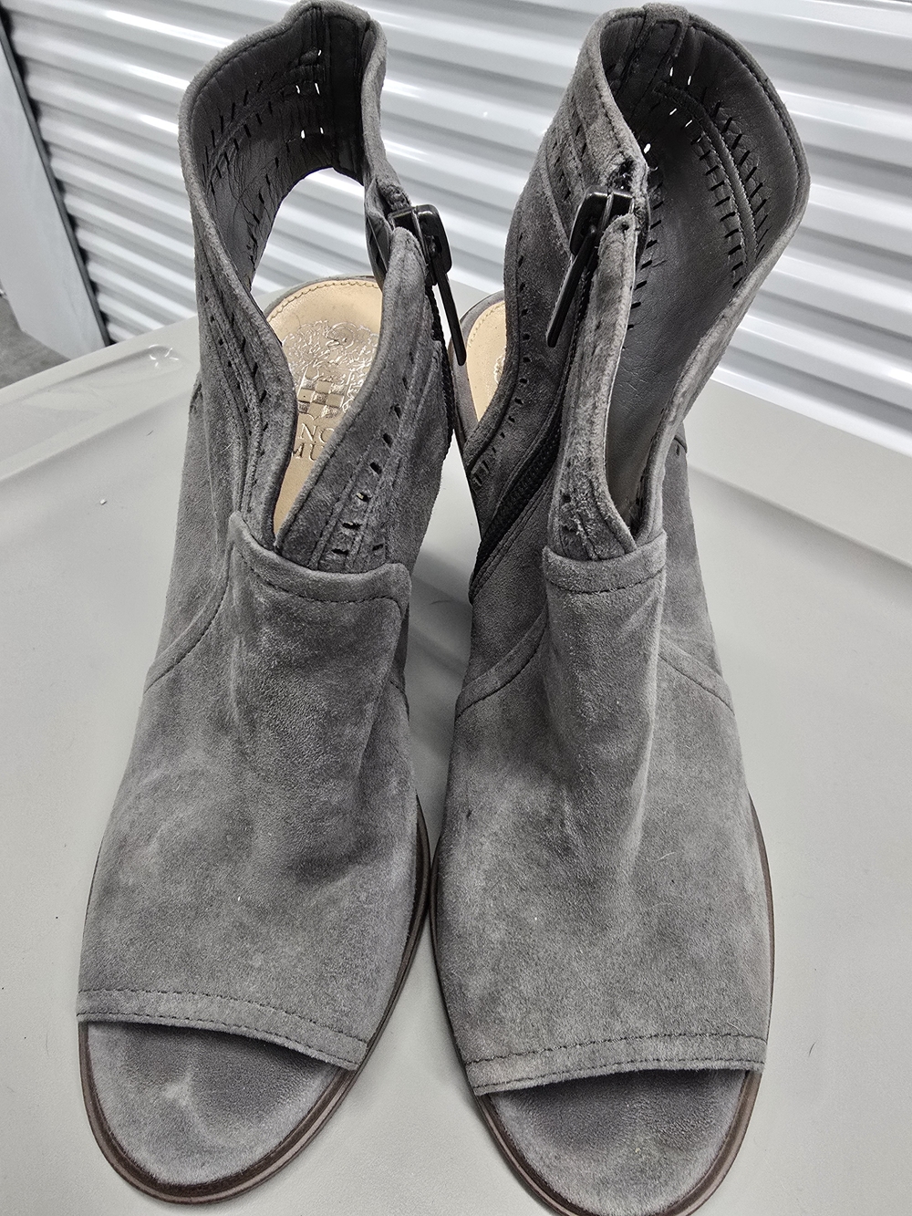 Vince Camuto Gray Suede Open-Toe Cutout Ankle Booties